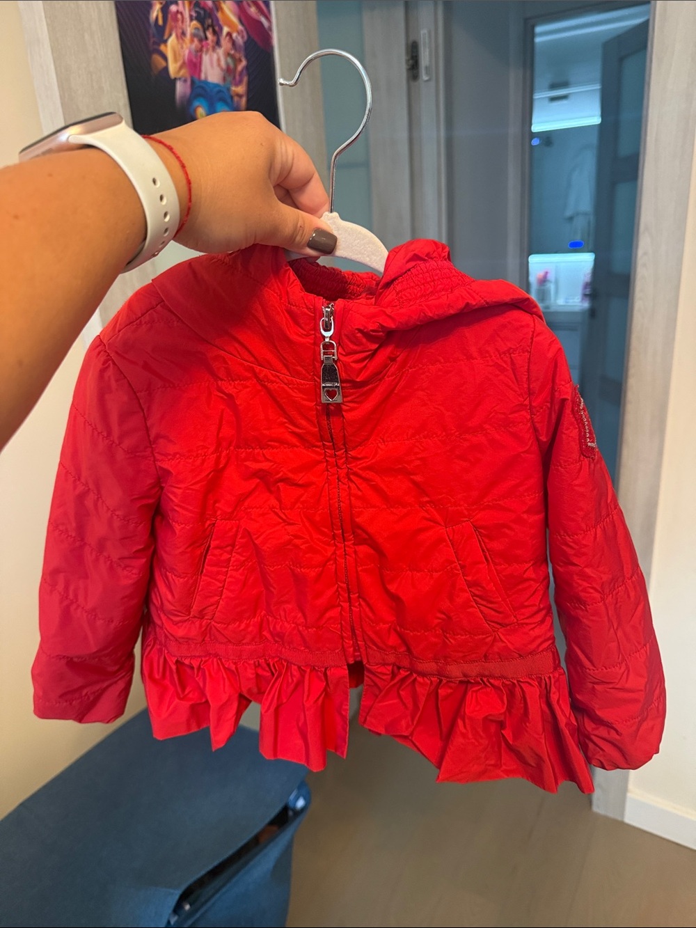 Moncler Girls' Bright Red Hooded Puffer Jacket with Ruffle Hem size 2